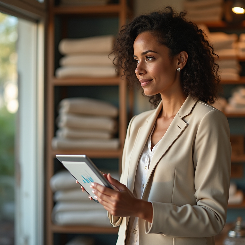 Antreprenoare care verifică vânzările unui magazin de retail pe o tabletă