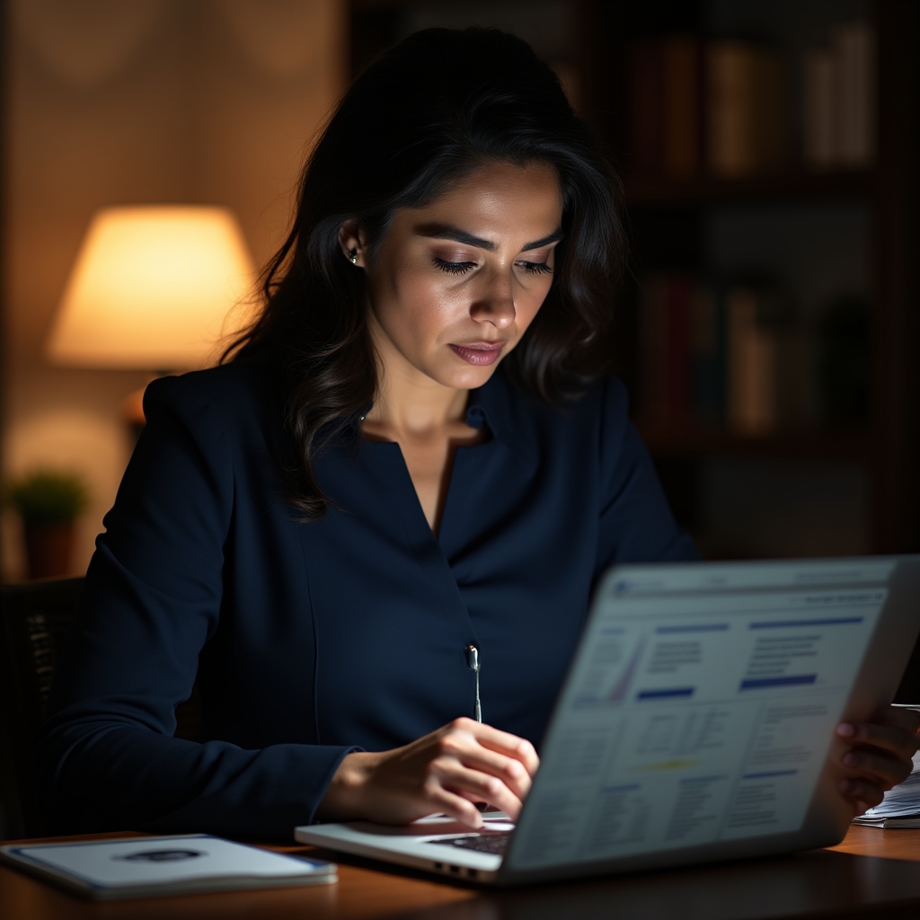 Manager verificând un raport generat automat pe un ecran de laptop într-un birou luminos